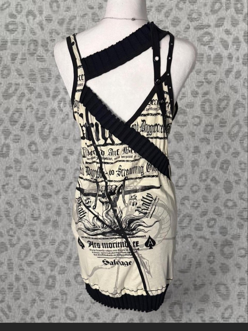 Salvage Vintage Asymmetrical Straps Graphic Dress with Ribbed Trim - L